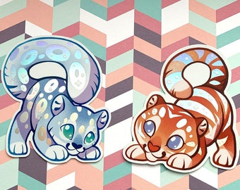 Holographic Tiger & Snow Leopard Stickers - rainbow color effect animal stickers with galaxy and stars theme