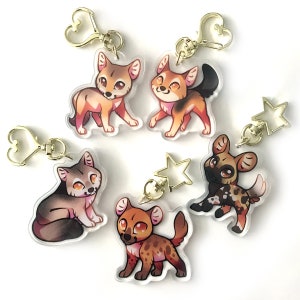 Wild Dogs and Hyena Keyring Charm set - Clear Double Sided Acrylic Keyring Charms with Epoxy coating and Golden Heart Keyring