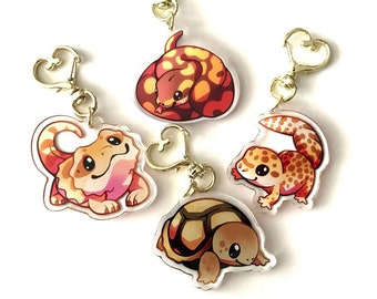 Reptile Keyring Charm Set - Clear Double Sided Acrylic Keyring Charms with Epoxy coating and Golden Heart Keyring