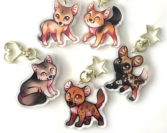 Wild Dogs and Hyena Keyring Charm set - Clear Double Sided Acrylic Keyring Charms with Epoxy coating and Golden Heart Keyring