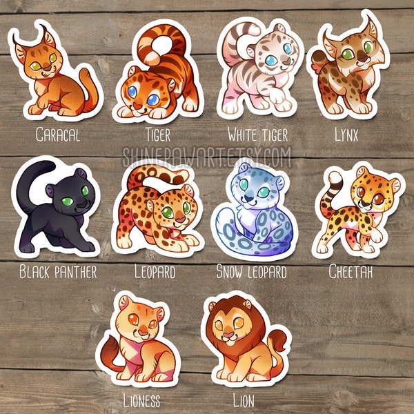 Lindo conjunto de pegatinas de gato salvaje: tigre, leopardo de las nieves, león, lince, caracal, serval, guepardo, leopardo, leopardo nublado, tigre blanco, pantera