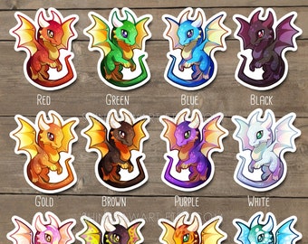 Cute Colorful Western Dragon Sticker Set - red, green, blue, black, gold, brown, purple, white, water, fire, poison, pink