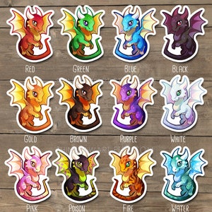 Cute Colorful Western Dragon Sticker Set - red, green, blue, black, gold, brown, purple, white, water, fire, poison, pink