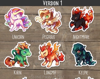 Cute Colorful Fantasy Equines Sticker Set - kelpie, nightmare, unicorn, kirin, longma, pegasus, hippocamp, hippogryph selipnir