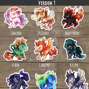 Cute Colorful Fantasy Equines Sticker Set - kelpie, nightmare, unicorn, kirin, longma, pegasus, hippocamp, hippogryph selipnir