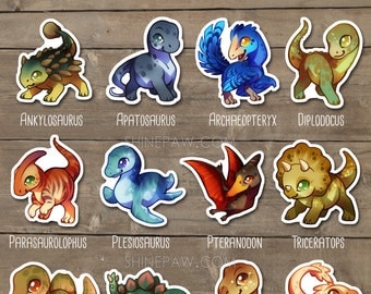 Cute Dinosaur Sticker Set - Ankylosaurus Apatosaurus Archaeopteryx Triceratops Plesiosaurus Trex Velociraptor Stegosaurus Spinosaurus