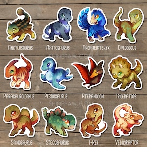 Cute Dinosaur Sticker Set - Ankylosaurus Apatosaurus Archaeopteryx Triceratops Plesiosaurus Trex Velociraptor Stegosaurus Spinosaurus