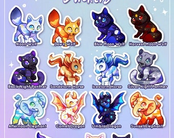 Cute Ethereal Familiars Sticker Set - solar and lunar wolf, night panther, storm horse, milky way whale, sun and moon cat, dragon, elephant