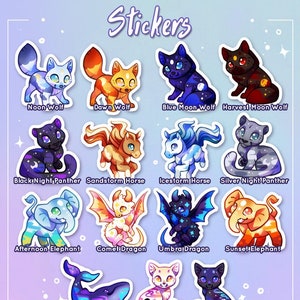 Cute Ethereal Familiars Sticker Set - solar and lunar wolf, night panther, storm horse, milky way whale, sun and moon cat, dragon, elephant