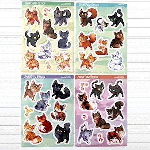 Warrior Cats Sticker Sheet set - Glossy Vinyl stickers with cats ( Fireheart Bluestar Jayfeather Spottedleaf Ravenpaw Mapleshade Yellowfang