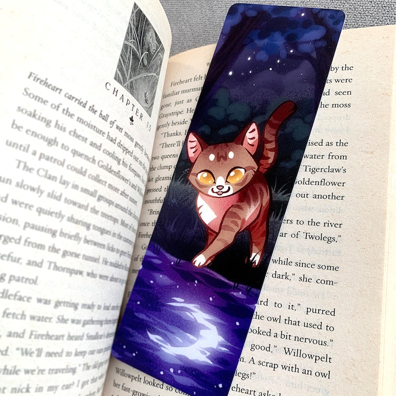 May include: A bookmark featuring a cartoon illustration of a brown tabby cat with green eyes walking on a path near a body of water. The background is a dark blue with white stars and a moon reflecting in the water.