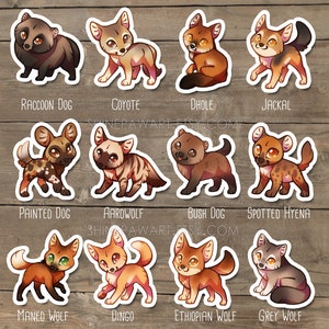 Cute Wild Dog and Hyena Sticker Set - Coyote dhole jackal spotted hyena aardwolf painted dog maned wolf dingo ethiopian wolf grey wolf