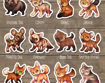 Cute Wild Dog and Hyena Sticker Set - Coyote dhole jackal spotted hyena aardwolf painted dog maned wolf dingo ethiopian wolf grey wolf