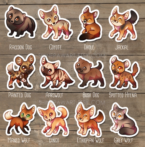 Cute Wild Dog and Hyena Sticker Set Coyote Dhole Jackal Spotted