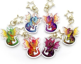 Dragon Keychain Charm Set - Clear Double Sided Acrylic Keyring Charms Golden Star Keyring