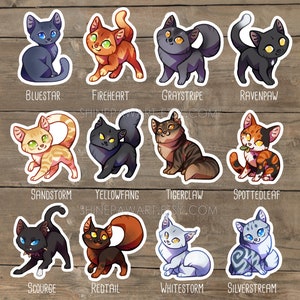 Cute Warrior Cats Sticker Set - Bluestar, Fireheart, Graystripe, Ravenpaw, Sandstorm, Yellowfang Tigerclaw Spottedleaf Silverstream Redtail