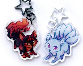 Kitsune Keychain Charm Set - Clear Double Sided Acrylic Keyring Charms with colored Star Keyring