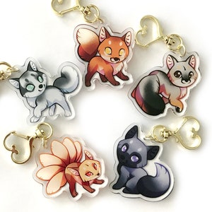 Fox Keyring Charm set - Clear Double Sided Acrylic Keyring Charms with Epoxy coating and Golden Heart Keyring