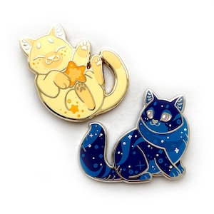 Celestial Cats Enamel Pin Set 2 - a cute collection of galaxy themed cats Hard Enamel Pins with Gold or Silver Plating for Pin Collectors