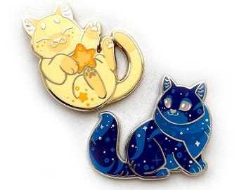 Celestial Cats Enamel Pin Set 2 - a cute collection of galaxy themed cats Hard Enamel Pins with Gold or Silver Plating for Pin Collectors