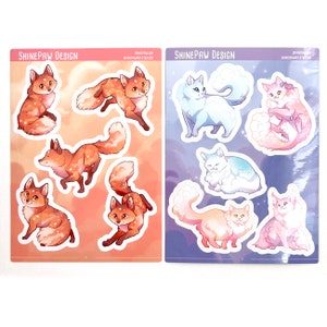 Skyfox und Cloudcat Sticker Bogen Set - Glänzende Vinyl Aufkleber mit Füchsen und Katzen