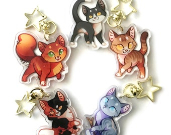 Warrior Cats Keychain Charm - Clear Double Sided Acrylic Keychain Charms with double acrylic layer and Golden Star Keyring