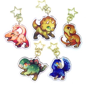 Dinosaur Keyring Charm Set - Clear Double Sided Acrylic Keyring Charms with Epoxy coating and Golden Star Keyring