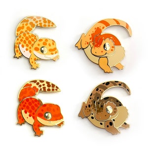 Juego de pines de geckos: juego de pines de esmalte duro bañados en oro de gecko crestado y gecko leopardo