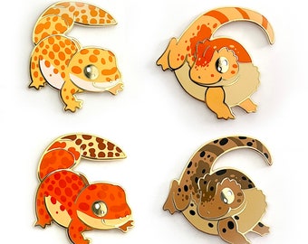 Geckos Pin Set - Juego de pasadores de esmalte duro chapado en oro de gecko crestado y gecko leopardo