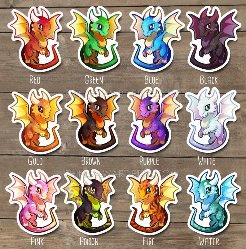 Cute Colorful Western Dragon Sticker Set red, green, blue, black, gold, brown, purple, white, water, fire, poison, pink image 1