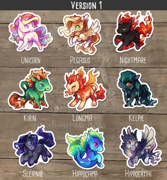 Cute Colorful Fantasy Equines Sticker Set Kelpie, Nightmare, Unicorn,  Kirin, Longma, Pegasus, Hippocamp, Hippogryph Selipnir 