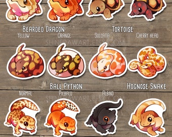 Cute Reptiles Sticker Set - Bearded dragon, Crested gecko, Tortoise, Leopard gecko, Crocodile skink, Bally python, Hognose Snake