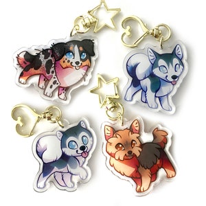 Dog Keyring Charm set - Clear Double Sided Acrylic Keyring Charms with Golden Star Keyring - Husky Malamute Australian shepherd