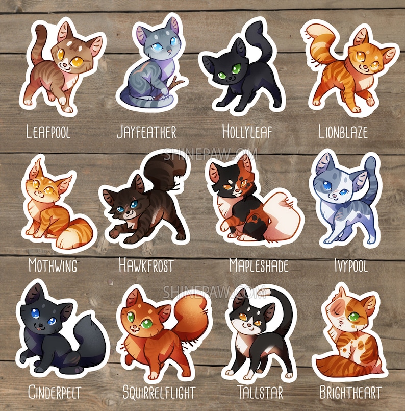 May include: A set of 12 colorful cartoon cat stickers featuring characters from the Warriors series. The stickers feature characters like Leafpool, Jayfeather, Hollyleaf, Lionblaze, Mothwing, Hawkfrost, Mapleshade, Ivypool, Cinderpelt, Squirrelflight, Tallstar, and Brighteart.