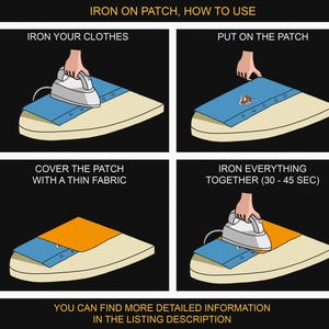 May include: A step-by-step guide on how to iron on a patch. The image shows a blue shirt on an ironing board, with an iron being used. The steps include ironing the clothes, putting on the patch, covering the patch with fabric, and ironing everything together for 30-45 seconds. Text: IRON ON PATCH, HOW TO USE.