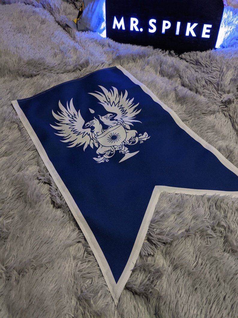 May include: A blue fabric flag with a white design of two birds with a shield and a sun in the center. The flag is on a gray fuzzy surface. The text "MR. SPIKE" is visible in the background.