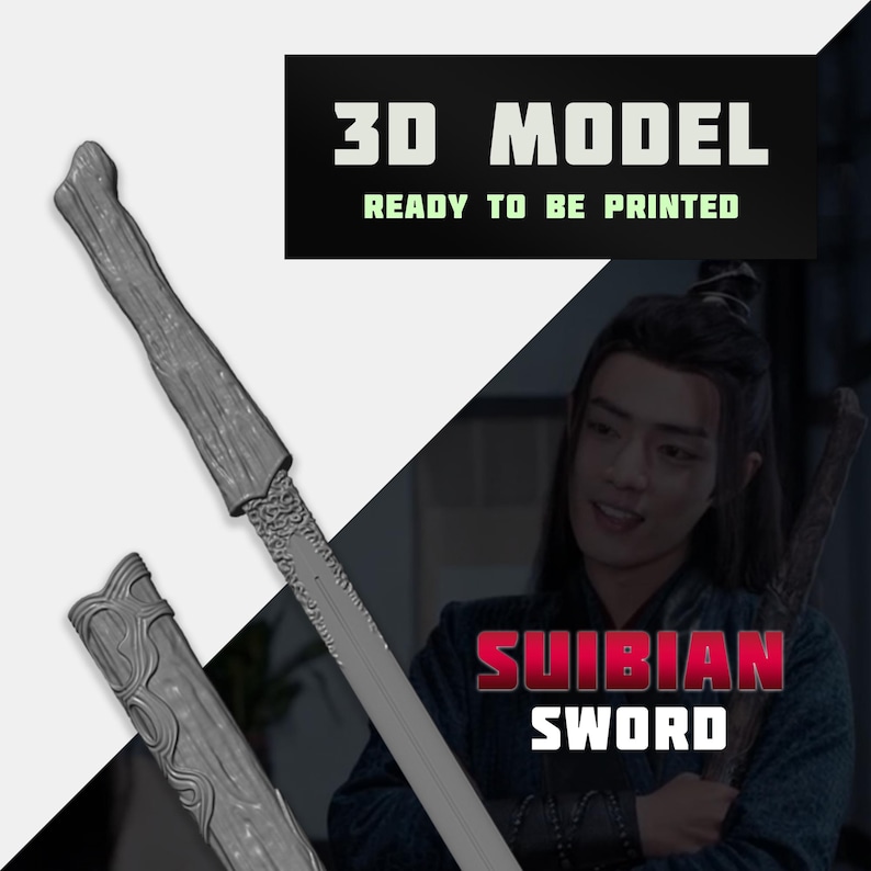 K&ouml;nnte beinhalten: Graues 3D-Modell des Suibian-Schwertes, druckfertig. Das Schwert hat einen detaillierten Griff und eine Klinge, mit dem Text "3D MODEL READY TO BE PRINTED" im Hintergrund.