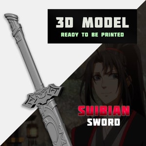 May include: A 3D printed model of a grey sword with intricate details. The sword is called "Suibian Sword" and is ready to be printed.