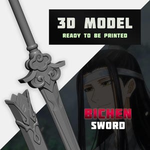 Puede incluir: Un modelo 3D impreso de una espada con detalles intrincados. La espada es gris y tiene un mango decorativo. El texto "Bichen Sword" es visible en la imagen.