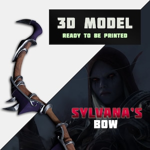 Puede incluir: Un modelo 3D impreso del arco de Sylvanas Brisaveloz de World of Warcraft. El arco está hecho de madera oscura y tiene un diseño morado y plateado. El texto "Sylvanas's Bow" está impreso en la imagen.