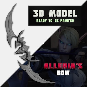 May include: A 3D printed model of a silver-coloured bow, with a complex, intricate design. The bow is curved and has a sharp point at the end. The text "ALLERIA'S BOW" is visible in the image.