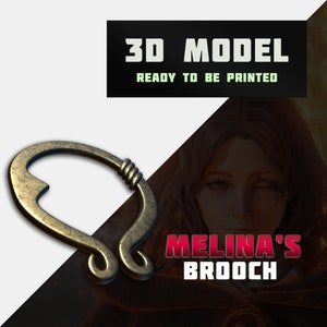 May include: A 3D printed model of Melina's Brooch from the video game Elden Ring. The brooch is a gold-coloured metal ring with a unique design.