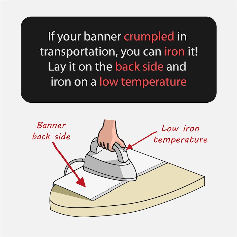 May include: Illustration showing how to iron a banner. A hand holds an iron over a white banner on an ironing board. The text reads: "If your banner crumpled in transportation, you can iron it! Lay it on the back side and iron on a low temperature."