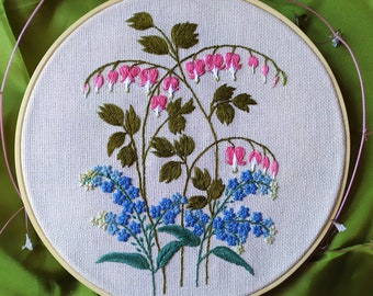 Dicentra Flowers Embroidety Art, Bleeding Heart, Modern Flower Embroidery Hoop Art, Embroidered Wall Decor, Floral Embroidery Wall Hanging