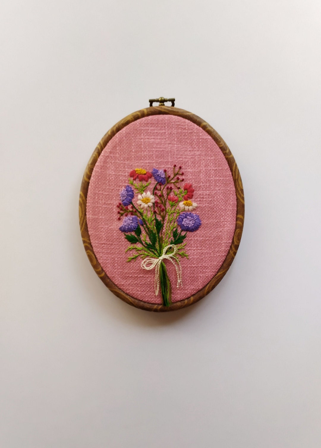 Wall Hanging Bouquet Flowers Art Framed Embroidered Art Etsy