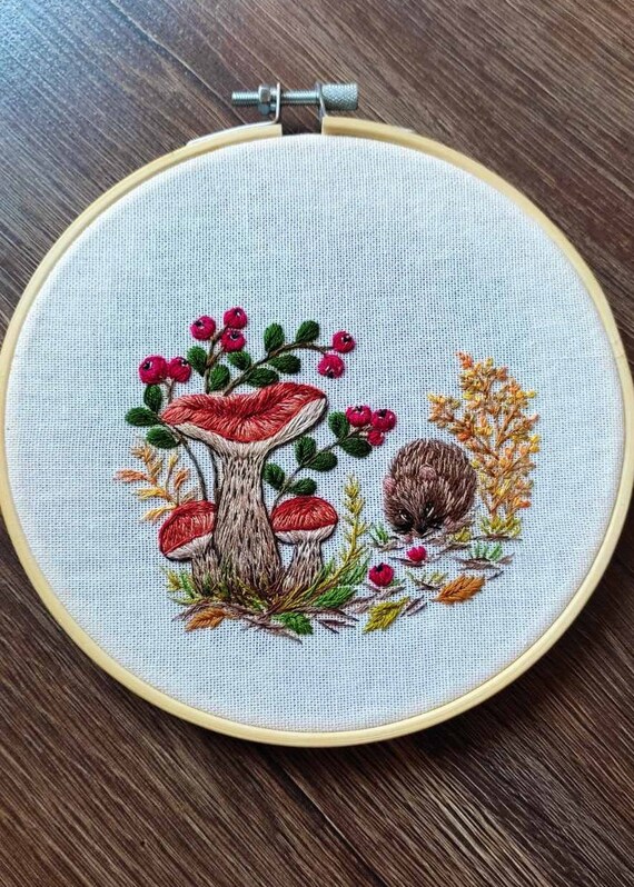 Mushrooms Embroidery, Forest mushrooms, Modern Embroidery, Original Artwork, Embroidery Hoop Art, Toadstool Art, Botanical embroidery