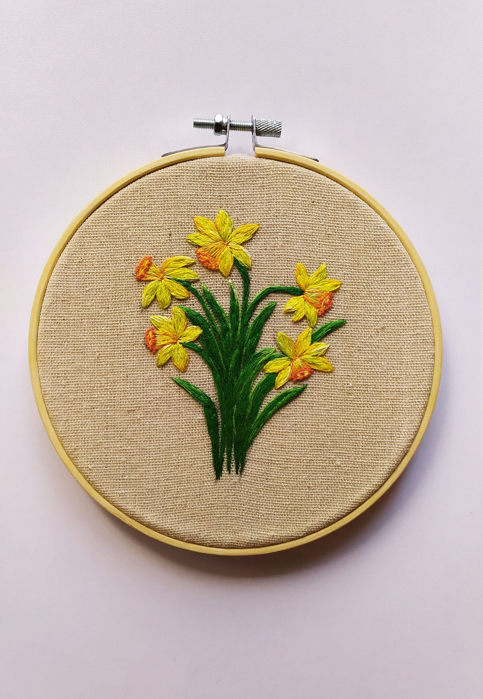 Daffodils Hand Sewn Blackline 6 Inch Embroidery Hoop Art 