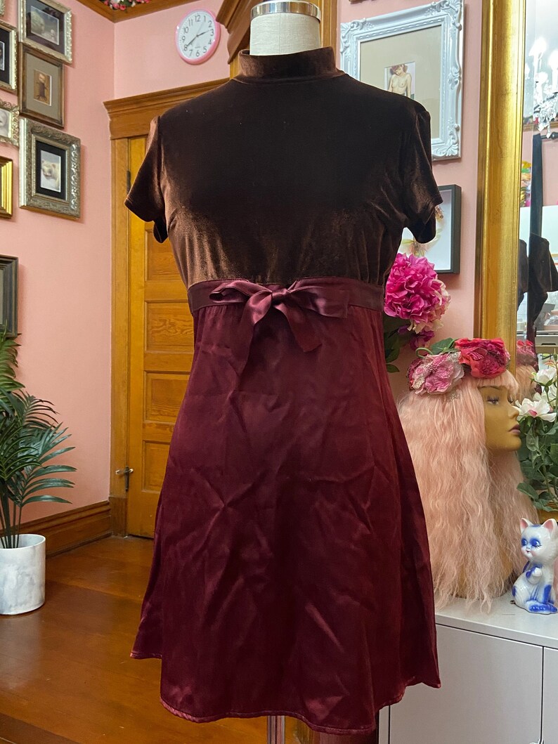 XOXO 90s Rust Velvet and Satin Baby Doll Mini Dress
