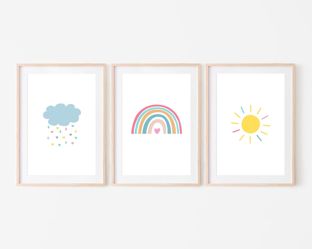 Rainbow Sun Cloud Rain Wall Art Set of 4 Wall Rainbow Nursery Wall