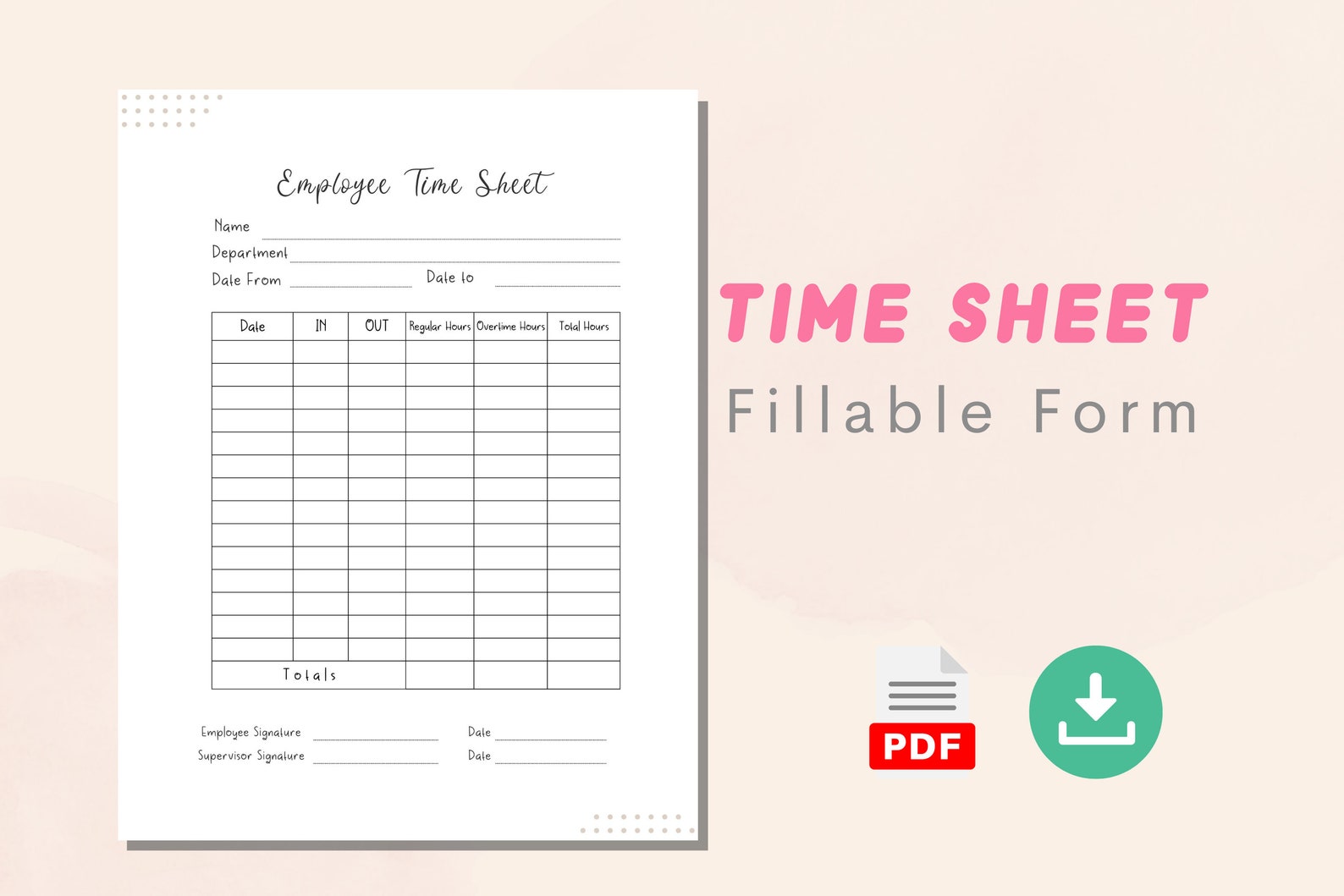 Time Sheet Form Employee Form PDF File Digital Product Instant - Etsy